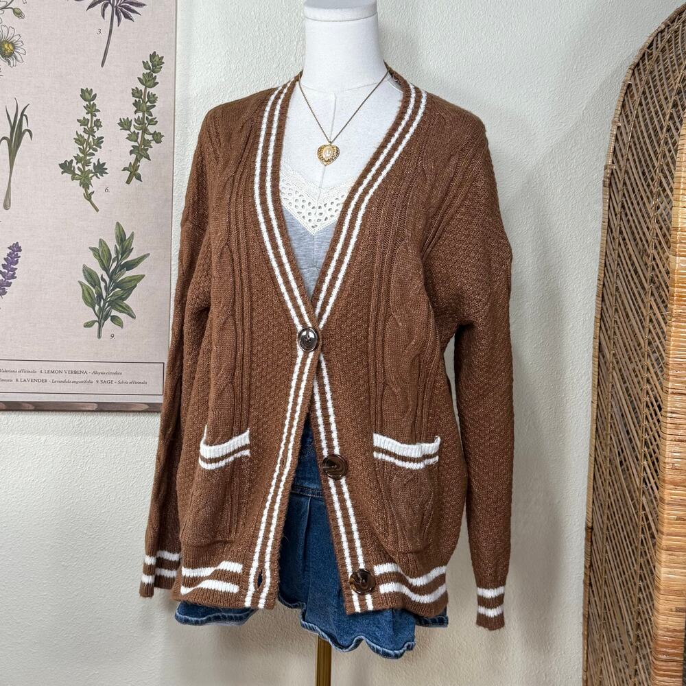 90s Y2k Cable Knit Cardigan Sweater Light Academia Indie Old Preppy Soft Girl M